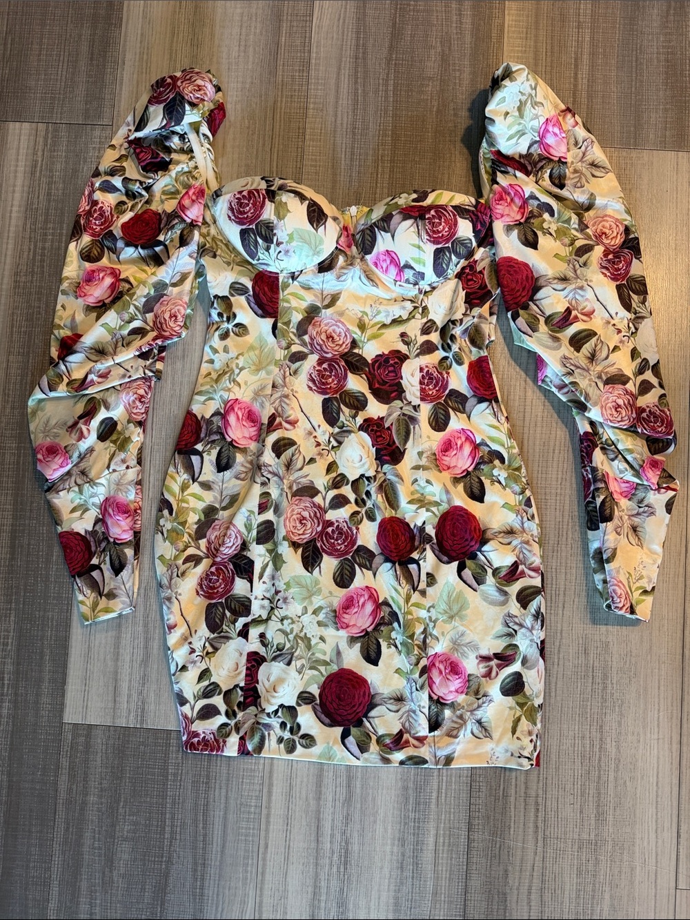 Floral Off-Shoulder Puff Sleeve Mini Dress - Cream with Pink & Burgundy Roses